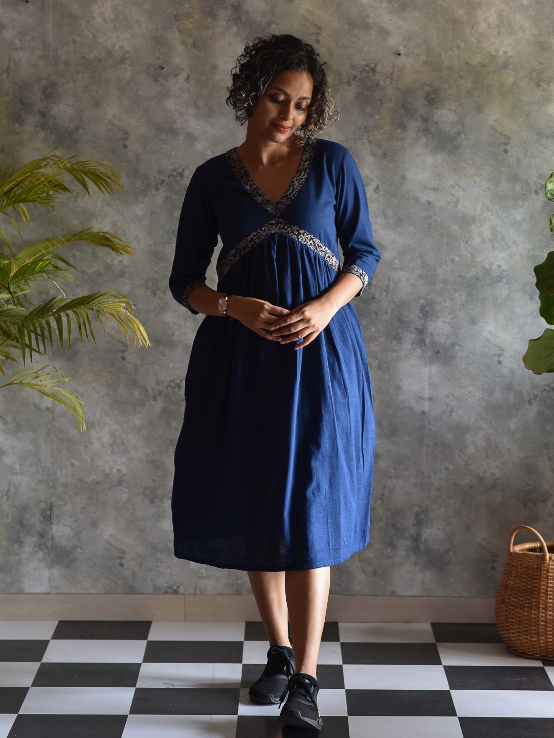 

Suta Navy Blue Ethnic A-Line Midi Dress