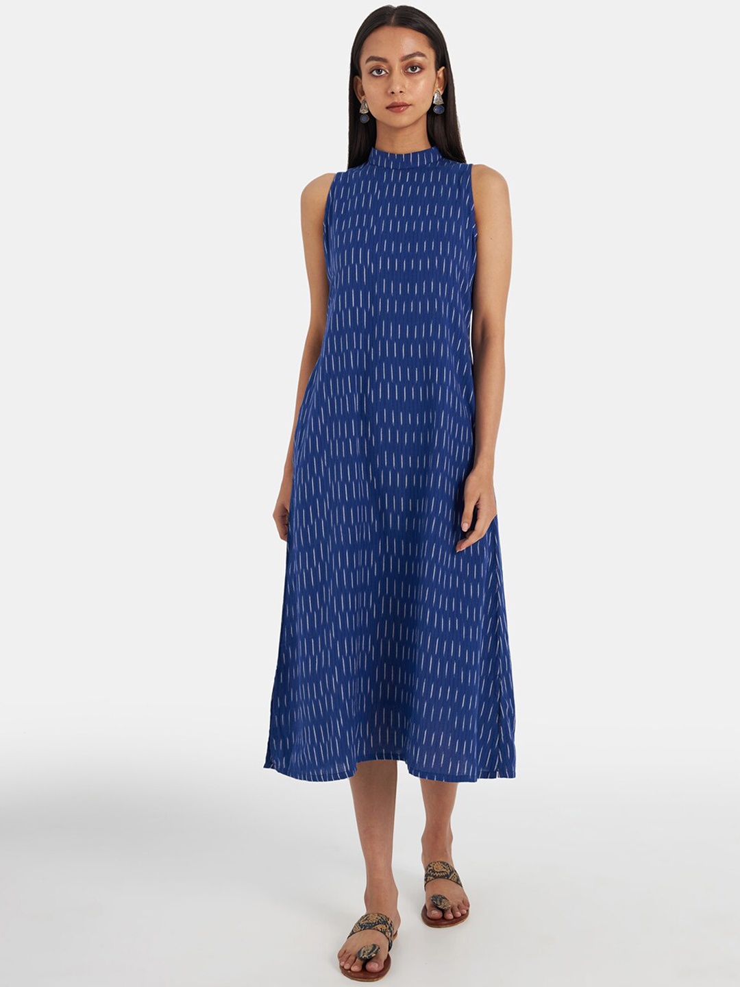 

Suta Women Blue & White Printed High Neck Cotton A-Line Dress