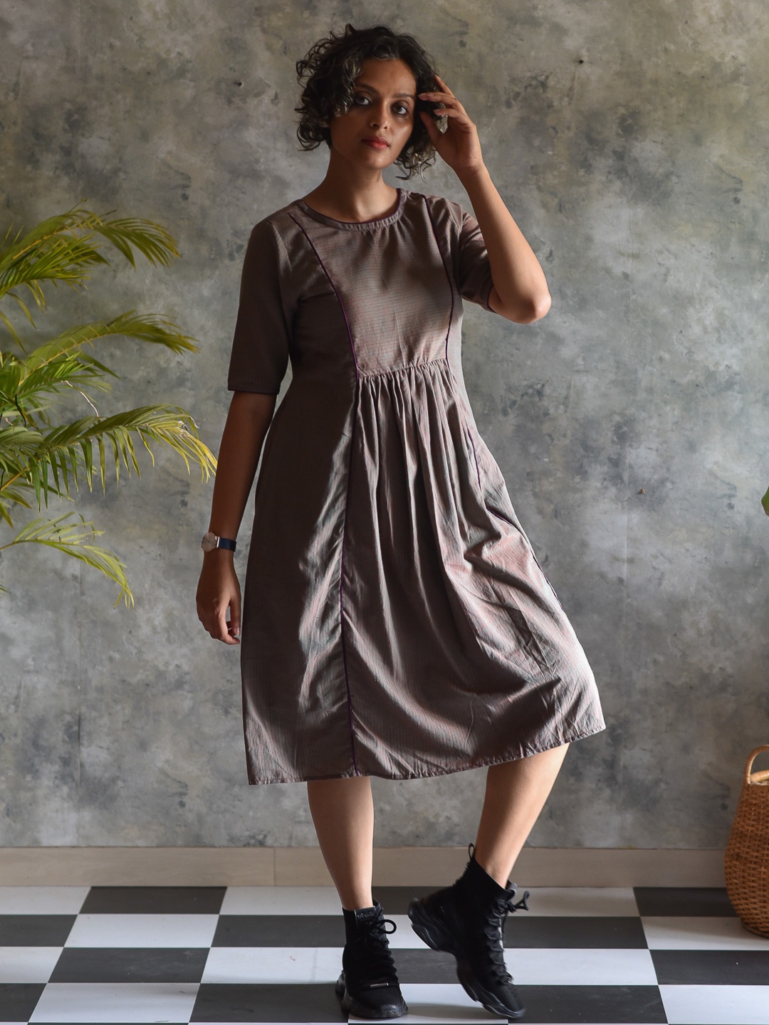 

Suta Brown Striped Ethnic A-Line Dress