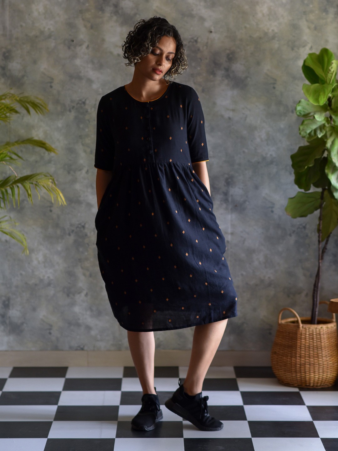 

Suta Women Black & Orange Cotton A-Line Dress