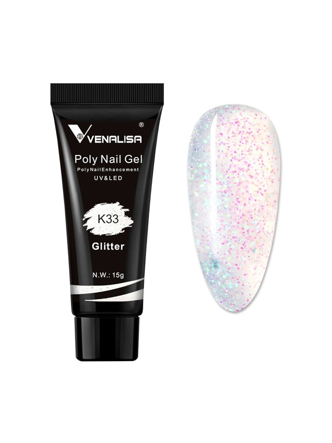 

VENALISA UV-LED Glitter Poly Nail Extension Gel 15g - Shade K33, Transparent