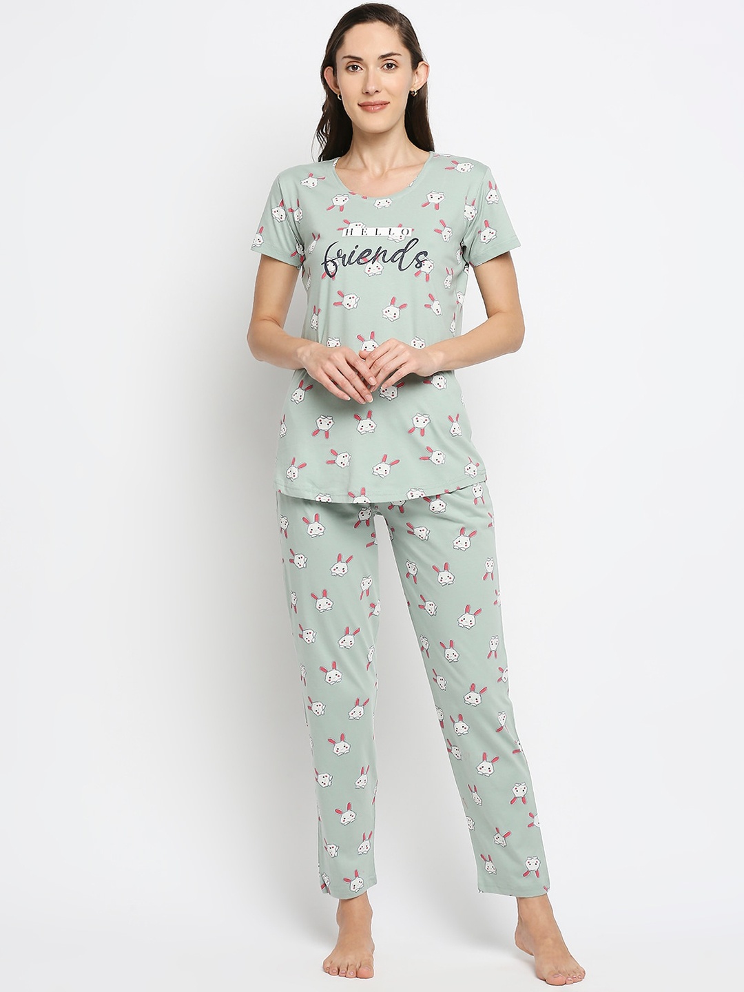 

Pretty Awesome Women Green & White Printed Night suit