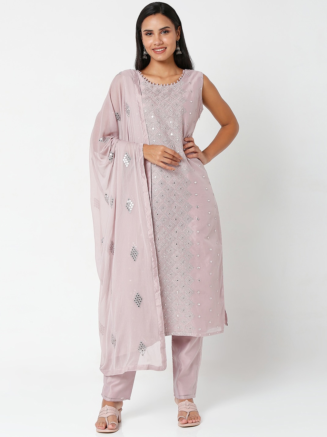 

SALWAR STUDIO Purple Ethnic Motifs Embroidered Chanderi Silk Kurti with Trousers & Dupatta