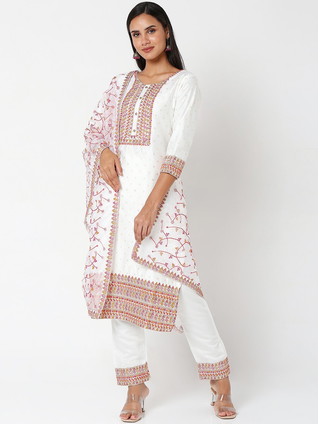 

SALWAR STUDIO Women Off White Ethnic Motifs Chanderi Silk Kurta with Trousers & With