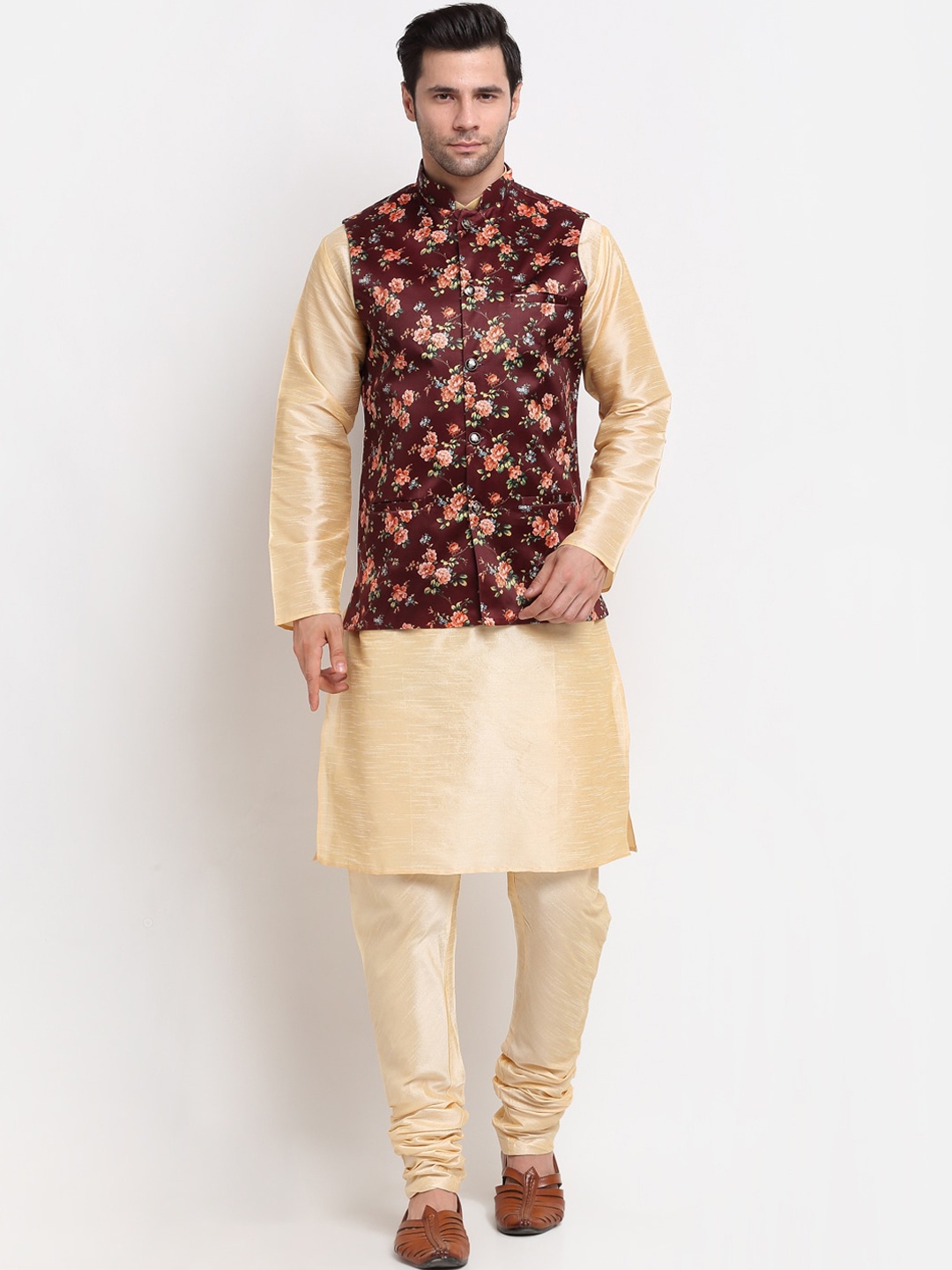 

KRAFT INDIA Dupion Silk Kurta With Churidar & Nehru Jacket, Beige