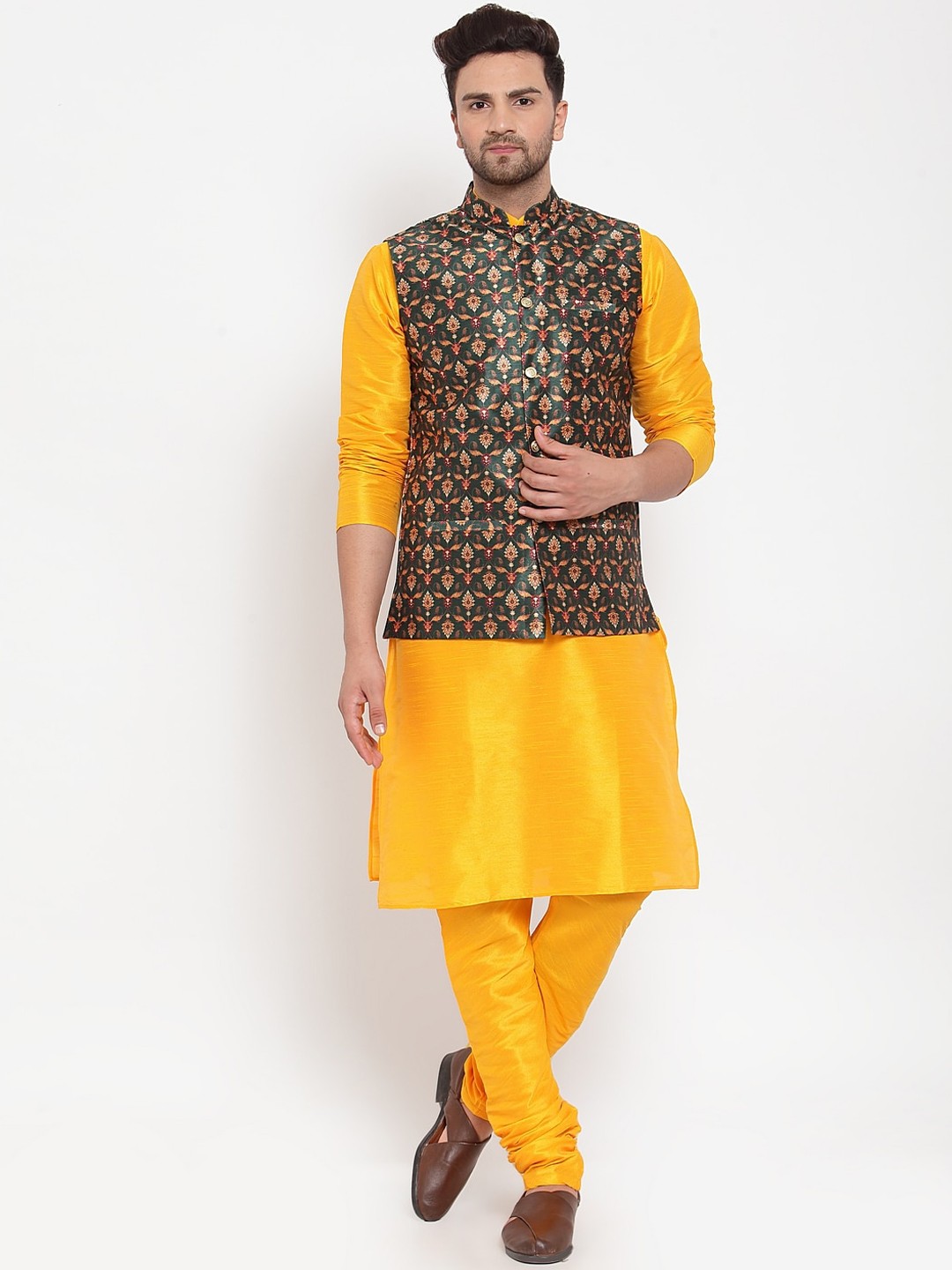

KRAFT INDIA Dupion Silk Kurta With Churidar & Nehru Jacket, Mustard
