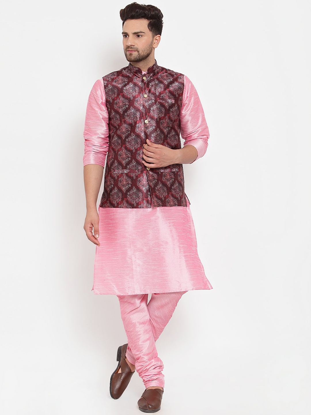 

KRAFT INDIA Men Kurta with Churidar & Printed Nehru Jacket, Pink