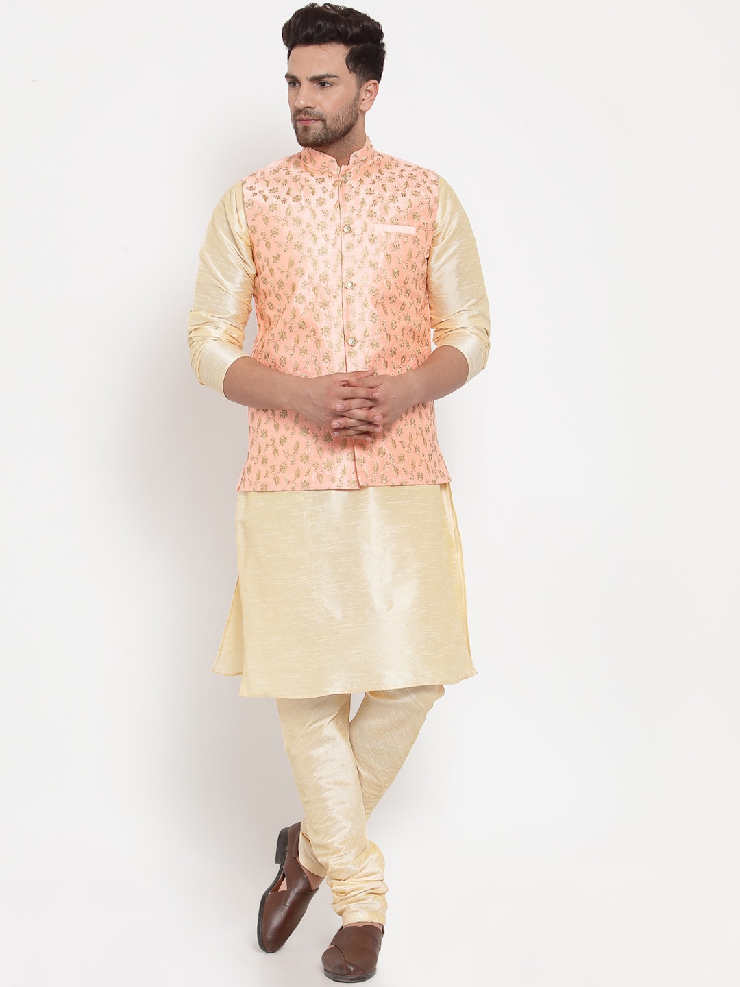 

KRAFT INDIA Men Beige Dupion Silk Kurta with Churidar & Embroidered Nehru Jacket