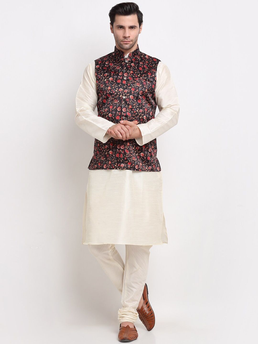 

KRAFT INDIA Dupion Silk Kurta with Churidar & Printed Nehru Jacket, Cream