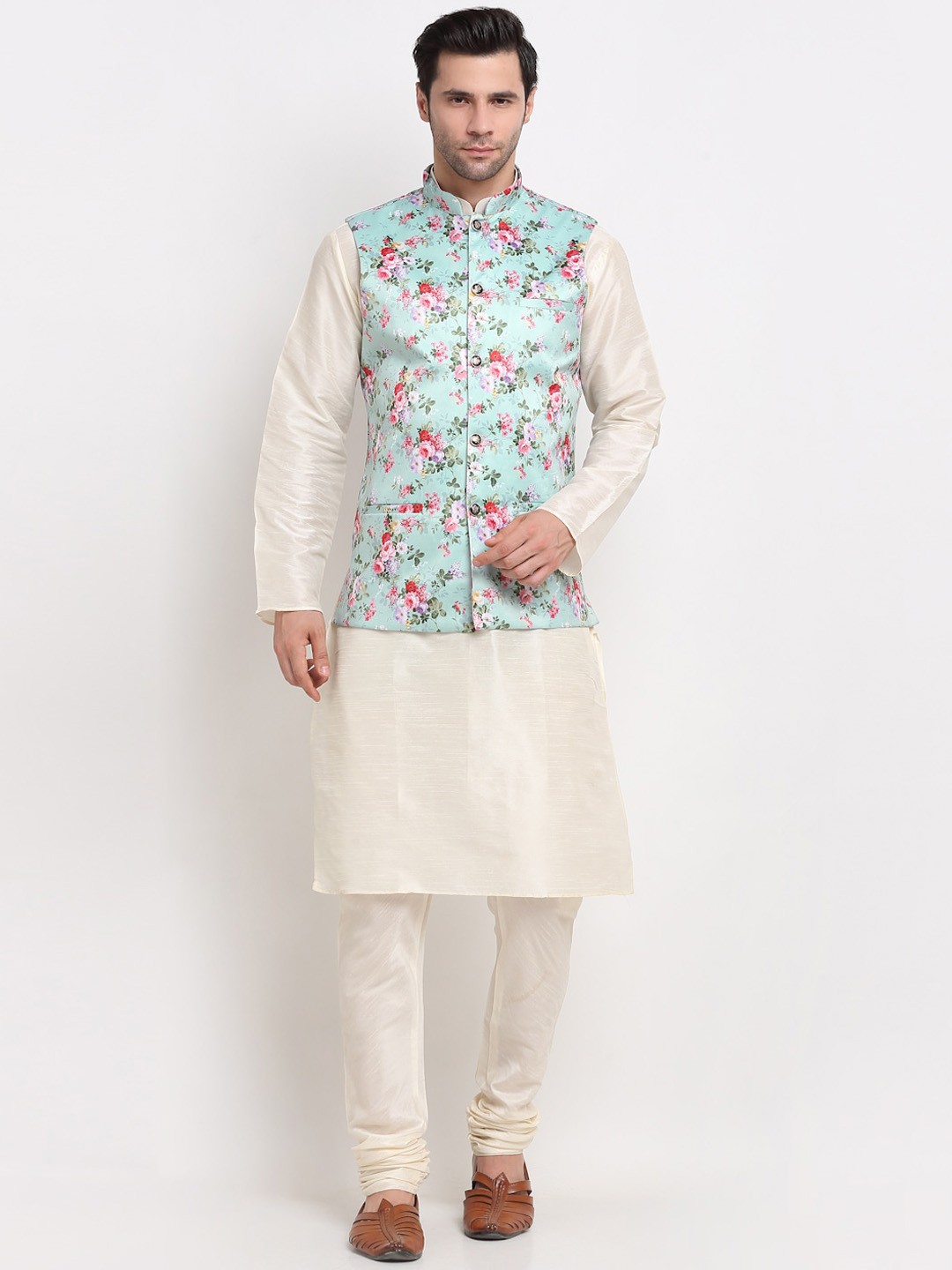 

KRAFT INDIA Men Cream Kurta with Churidar & Printed Nehru Jacket