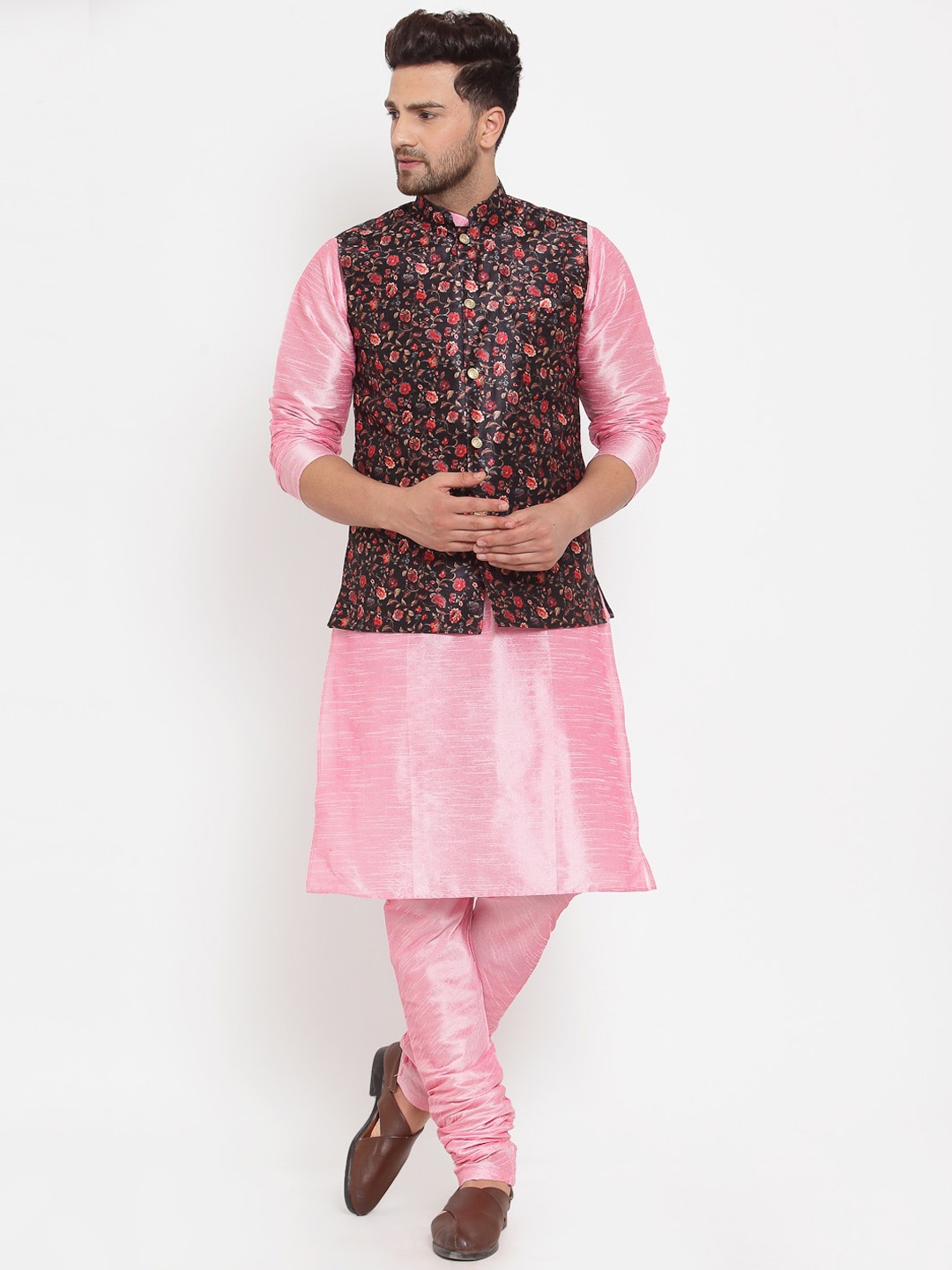 

KRAFT INDIA Men Pink & Black Kurta with Churidar & Printed Nehru Jacket