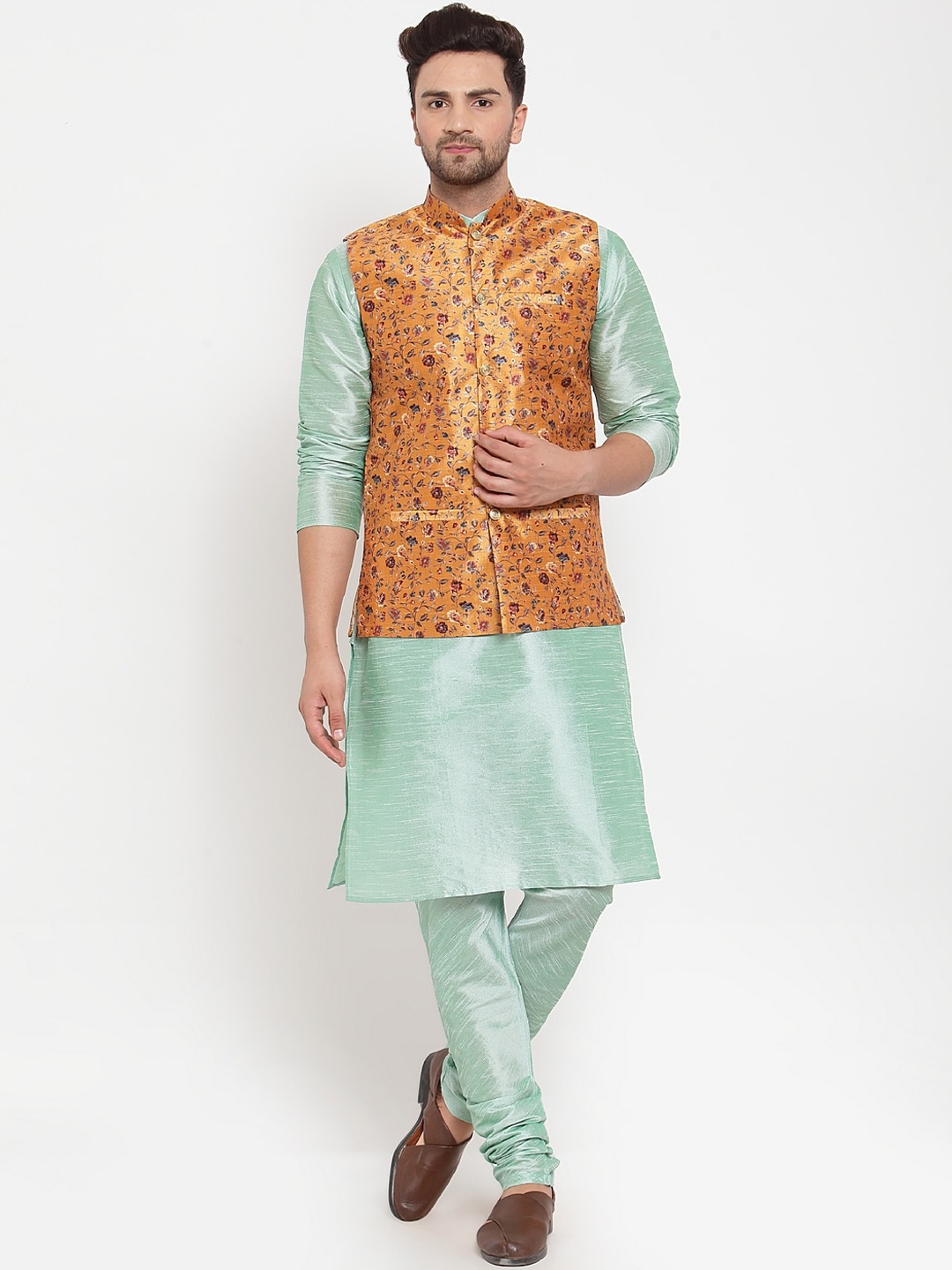 

KRAFT INDIA Men Sea Green Dupion Silk Kurta with Churidar & Printed Nehru Jacket