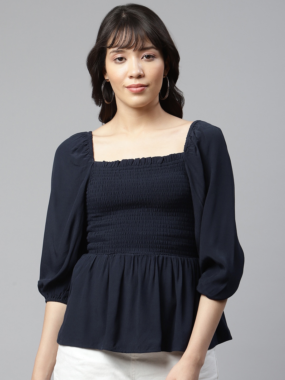 

Marks & Spencer Navy Blue Smocked A-Line Top
