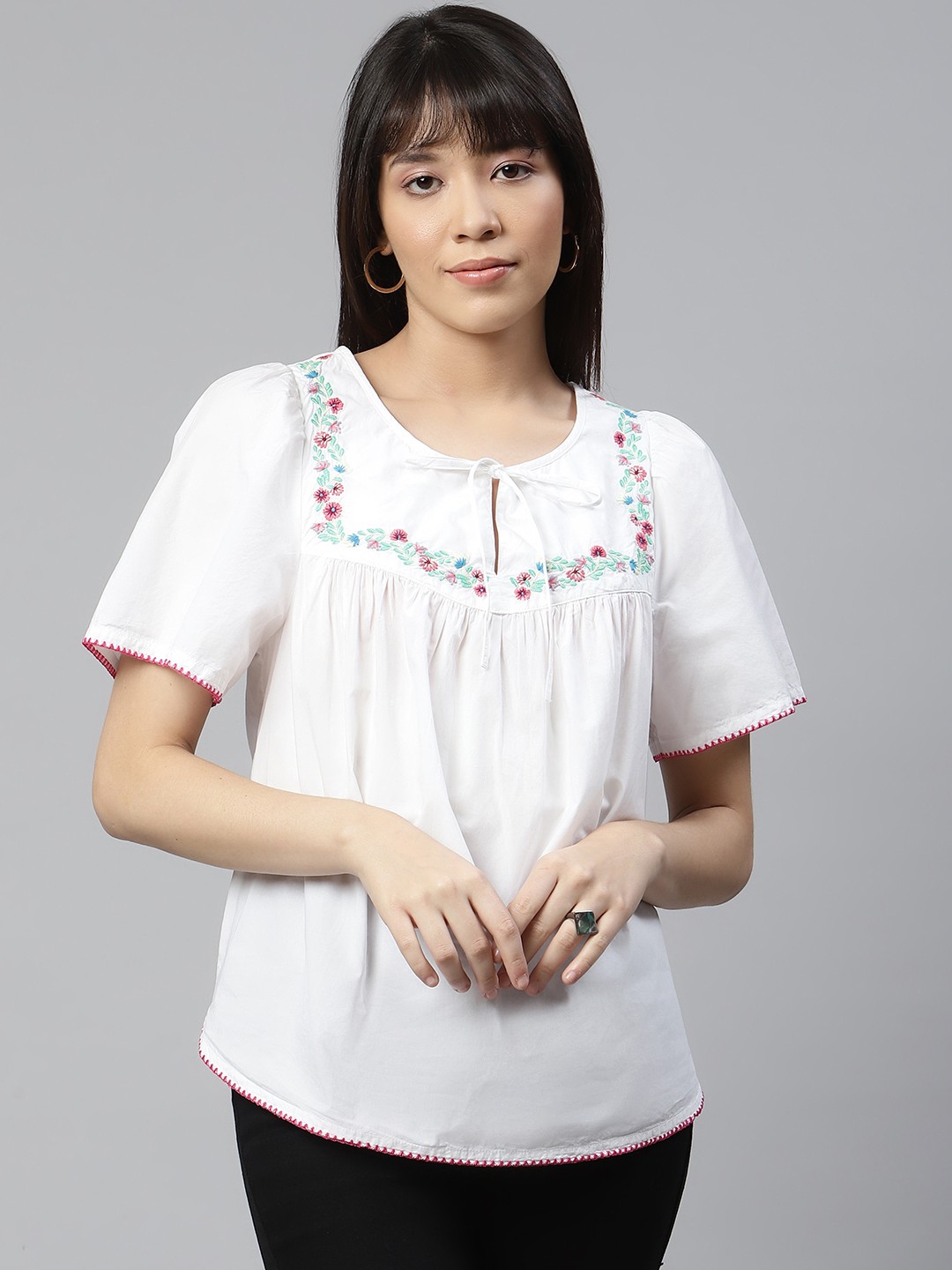 

Marks & Spencer White & Green Floral Print Tie-Up Neck Top