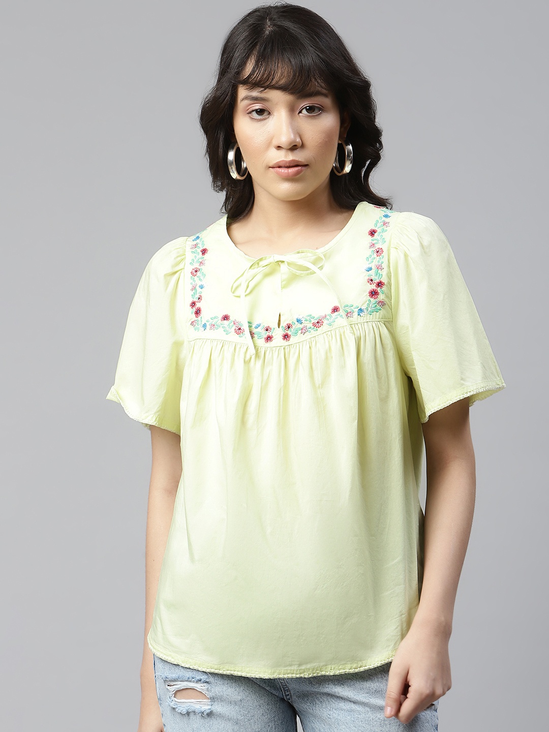 

Marks & Spencer Yellow & Green Floral Print Tie-Up Neck Top