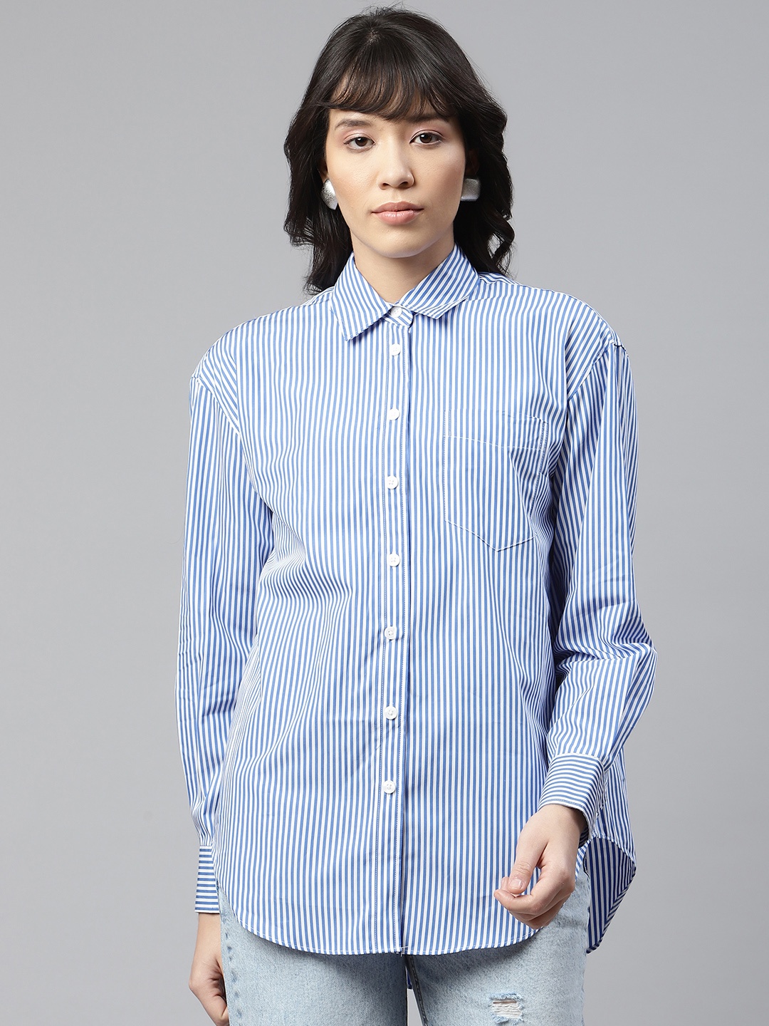 

Marks & Spencer Women Blue & White Pure Cotton Striped Longline Shirt