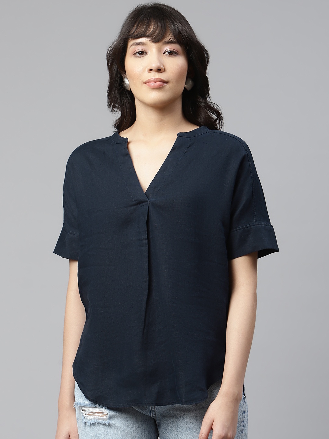 

Marks & Spencer Navy Blue Pure Linen Solid Extended Sleeves Top