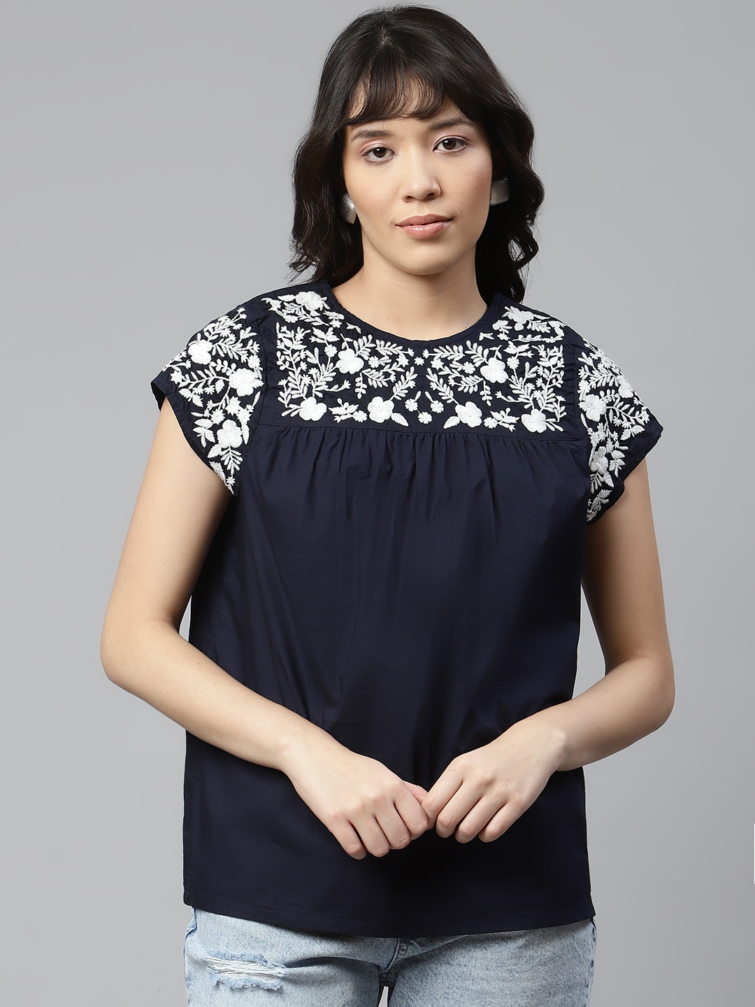 

Marks & Spencer Navy Blue Pure Cotton Floral Embroidered Top
