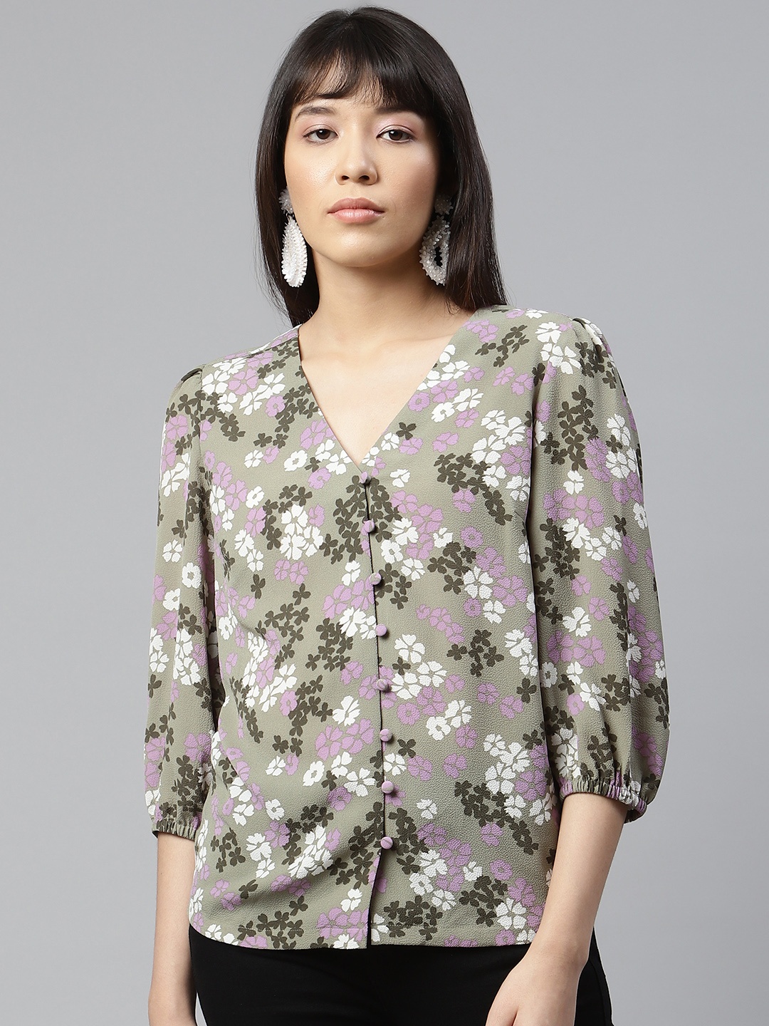 

Marks & Spencer Olive Green & Off White Floral Print Top