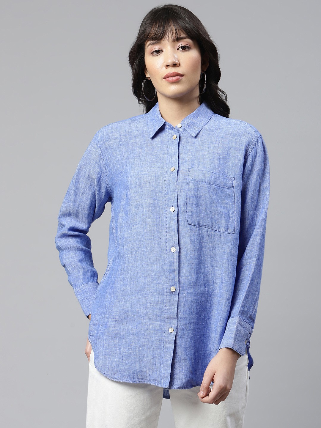 

Marks & Spencer Women Blue Easy To Iron Pure Linen Relaxed Fit Solid Casual Shirt