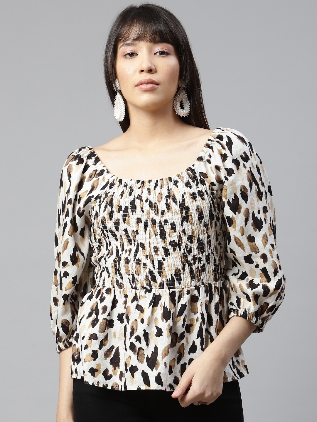 

Marks & Spencer Black & Off White Pure Linen Animal Print Top