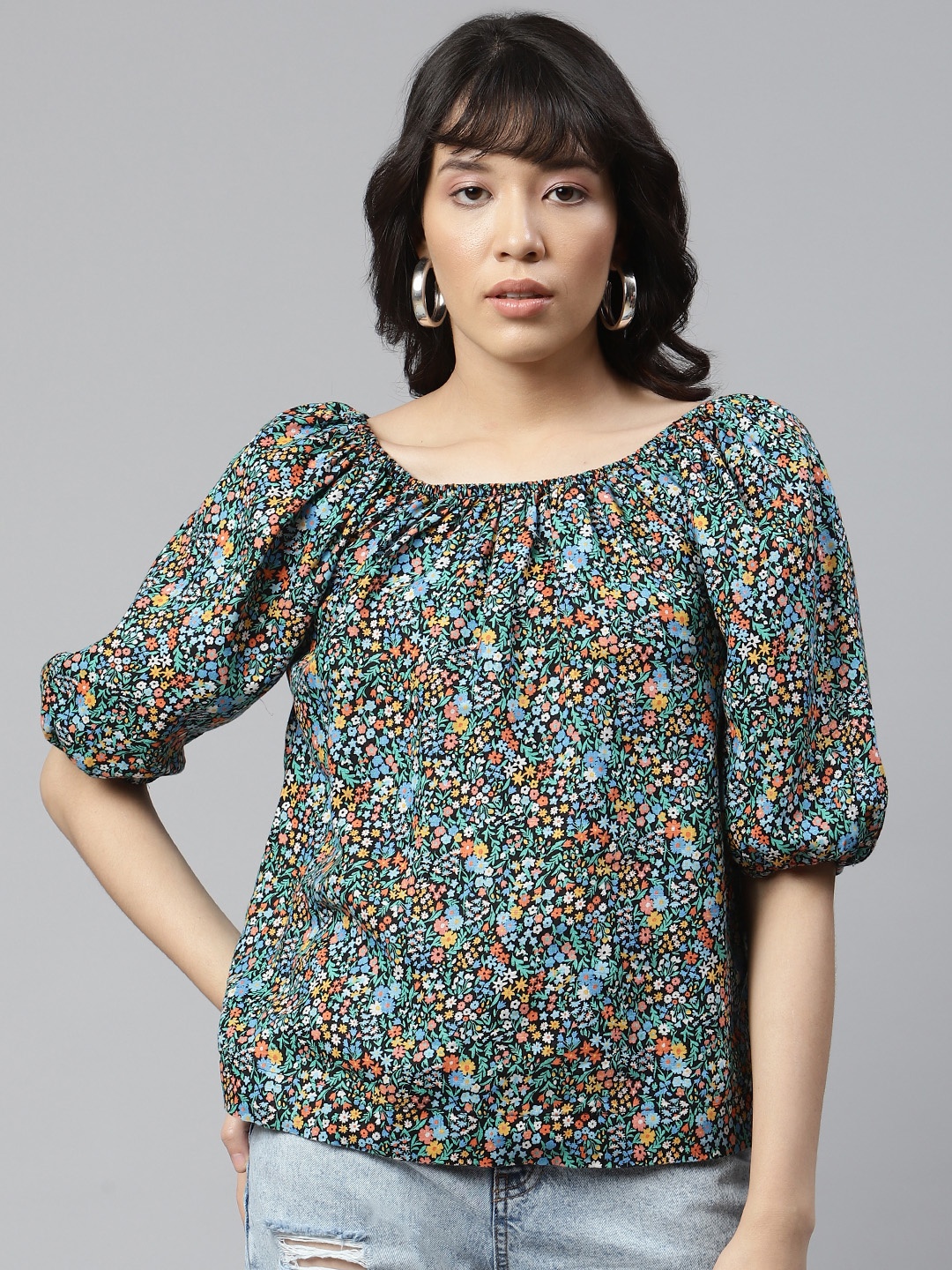 

Marks & Spencer Sea Green & Black Pure Linen Floral Print Top