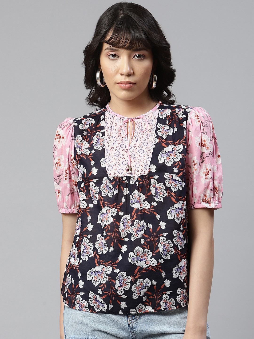 

Marks & Spencer Black & White Floral Print Pure Cotton Tie-Up Neck Top