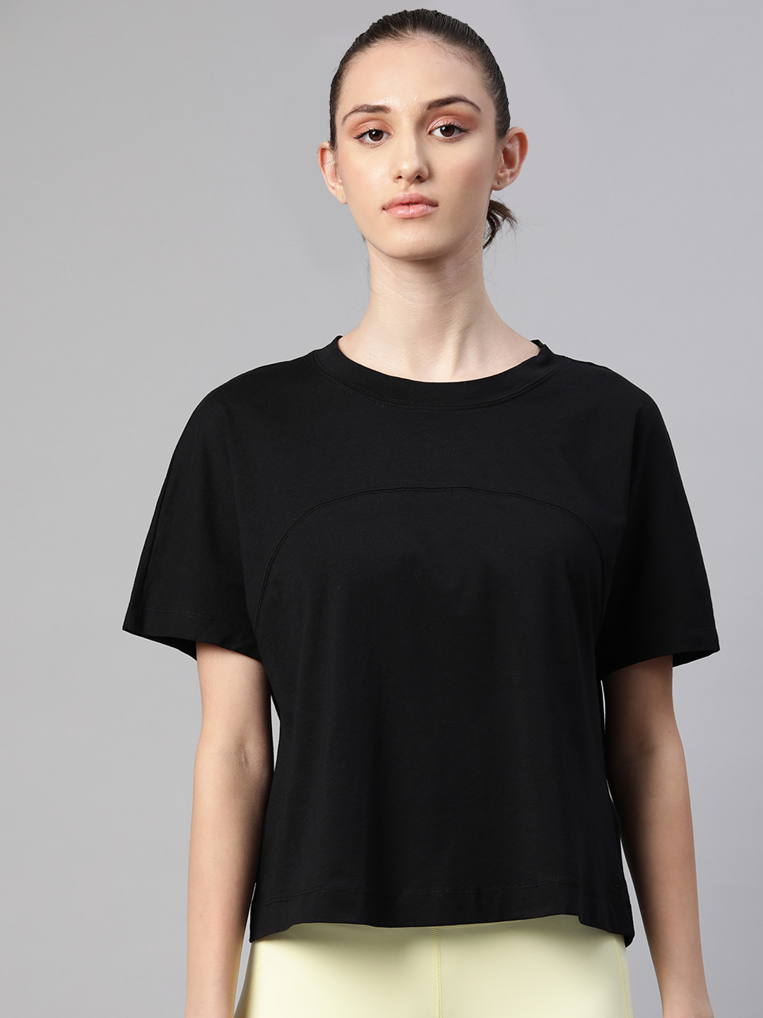 

Marks & Spencer Women Black Pure Cotton Solid Extended Sleeves T-shirt