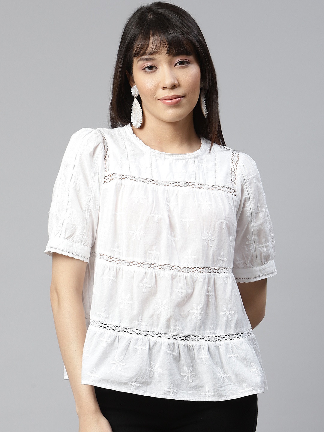

Marks & Spencer White Floral Embroidered Pure Cotton Top