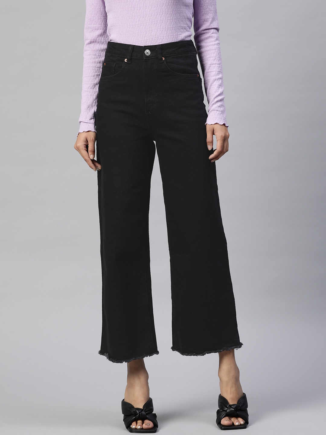 

Marks & Spencer Women Black Wide Leg Cropped High-Rise Stretchable Jeans