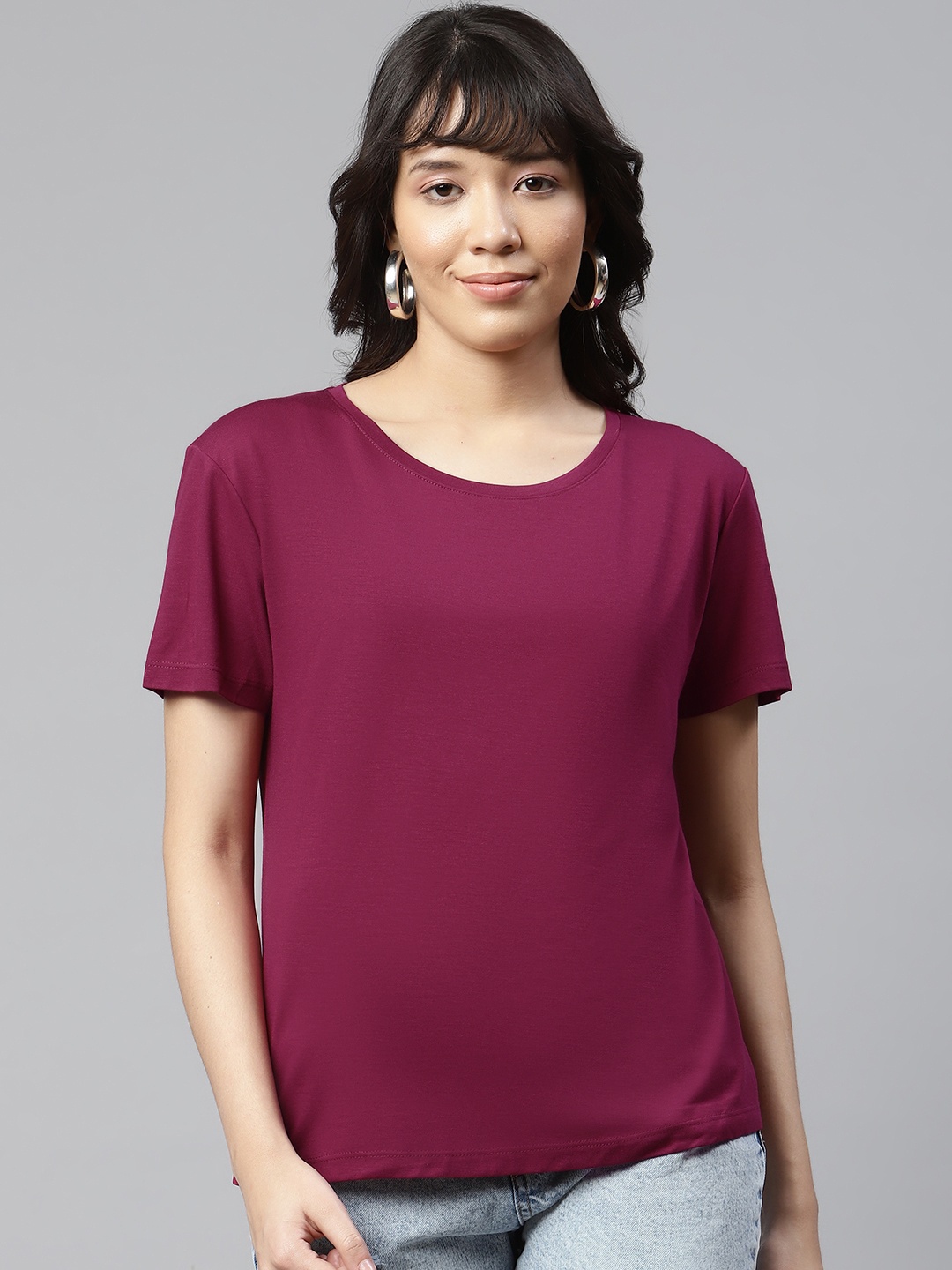 

Marks & Spencer Women Burgundy Relaxed Fit Drop-Shoulder Sleeves T-shirt