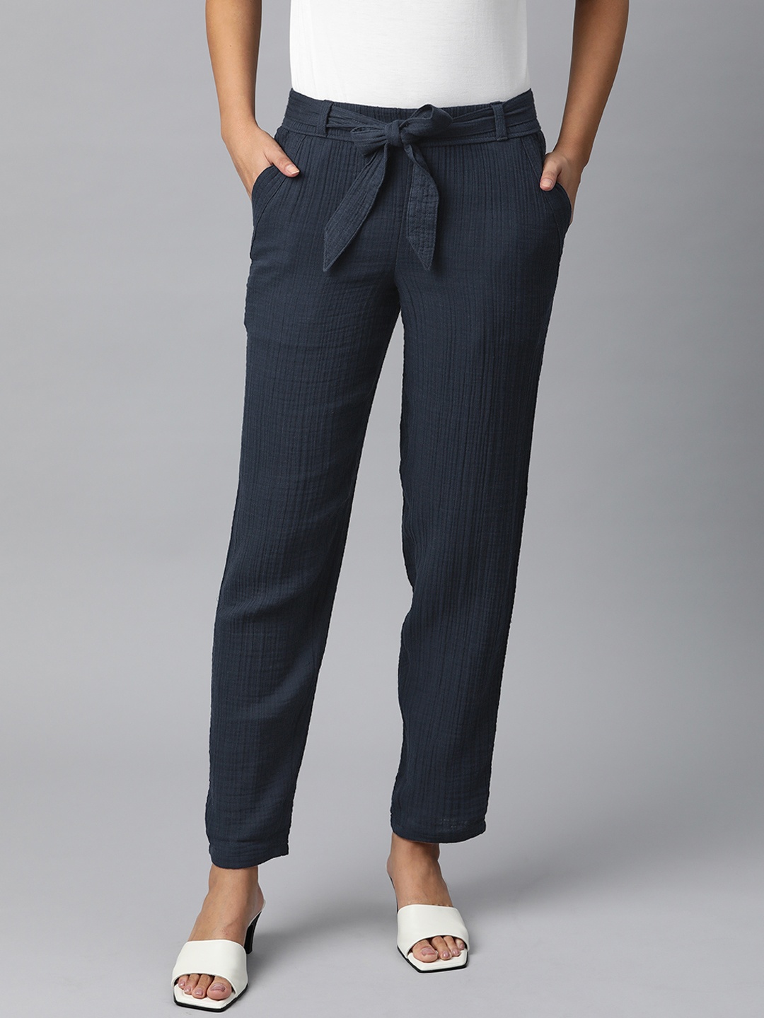 

Marks & Spencer Women Navy Blue Tapered Fit High-Rise Trousers