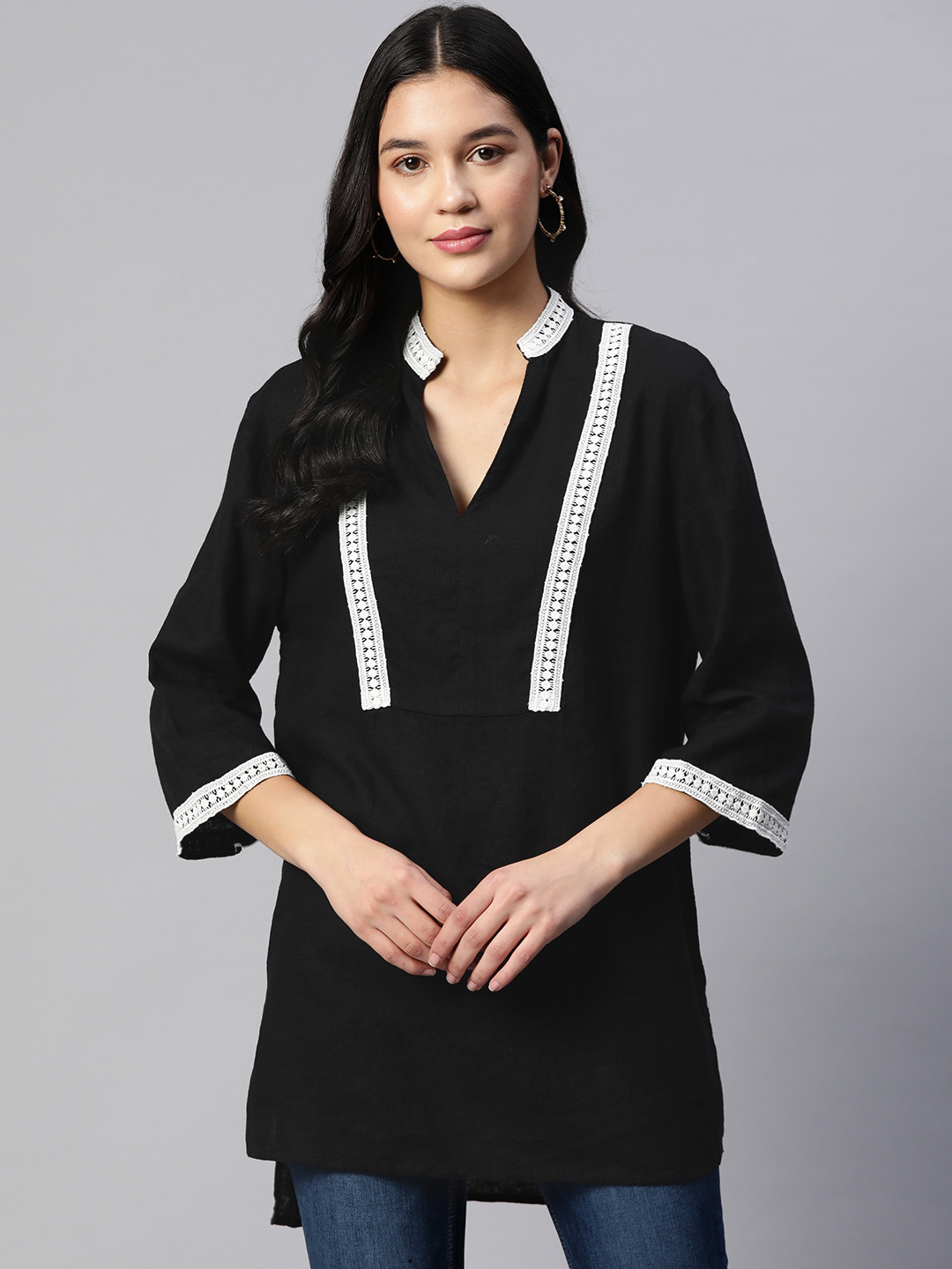 

Marks & Spencer Linen Cotton Mandarin Collar Lace Detail Tunic, Black