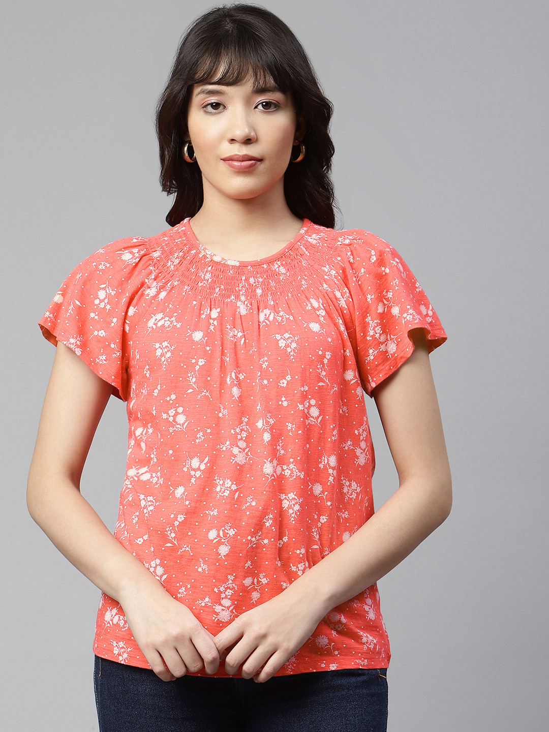 

Marks & Spencer Coral Red & White Pure Cotton Floral Print Smocked Top