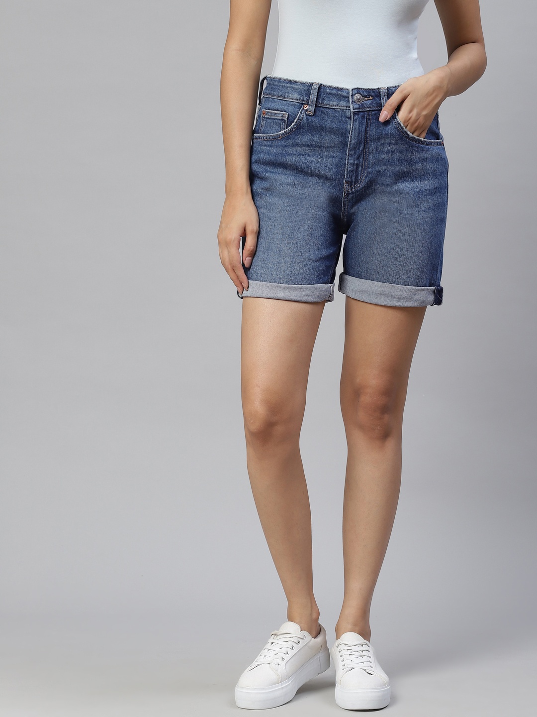 

Marks & Spencer Women Blue High-Rise Boyfriend Denim Shorts