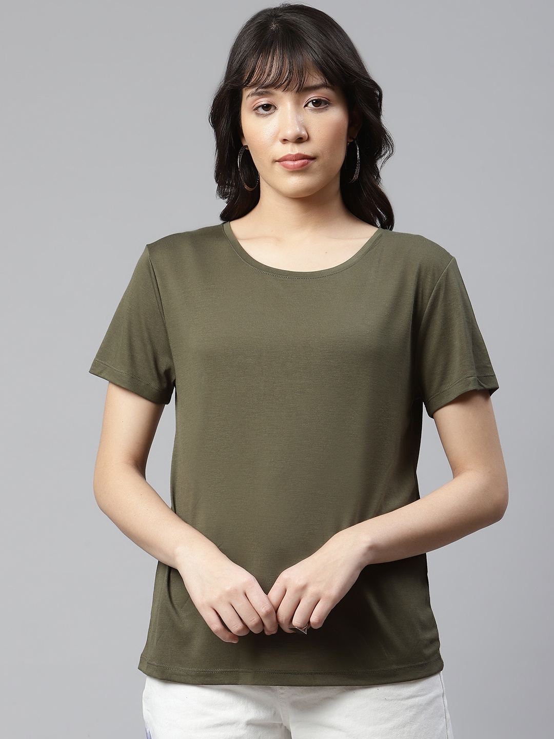

Marks & Spencer Women Olive Green Relaxed Fit Drop-Shoulder Sleeves T-shirt