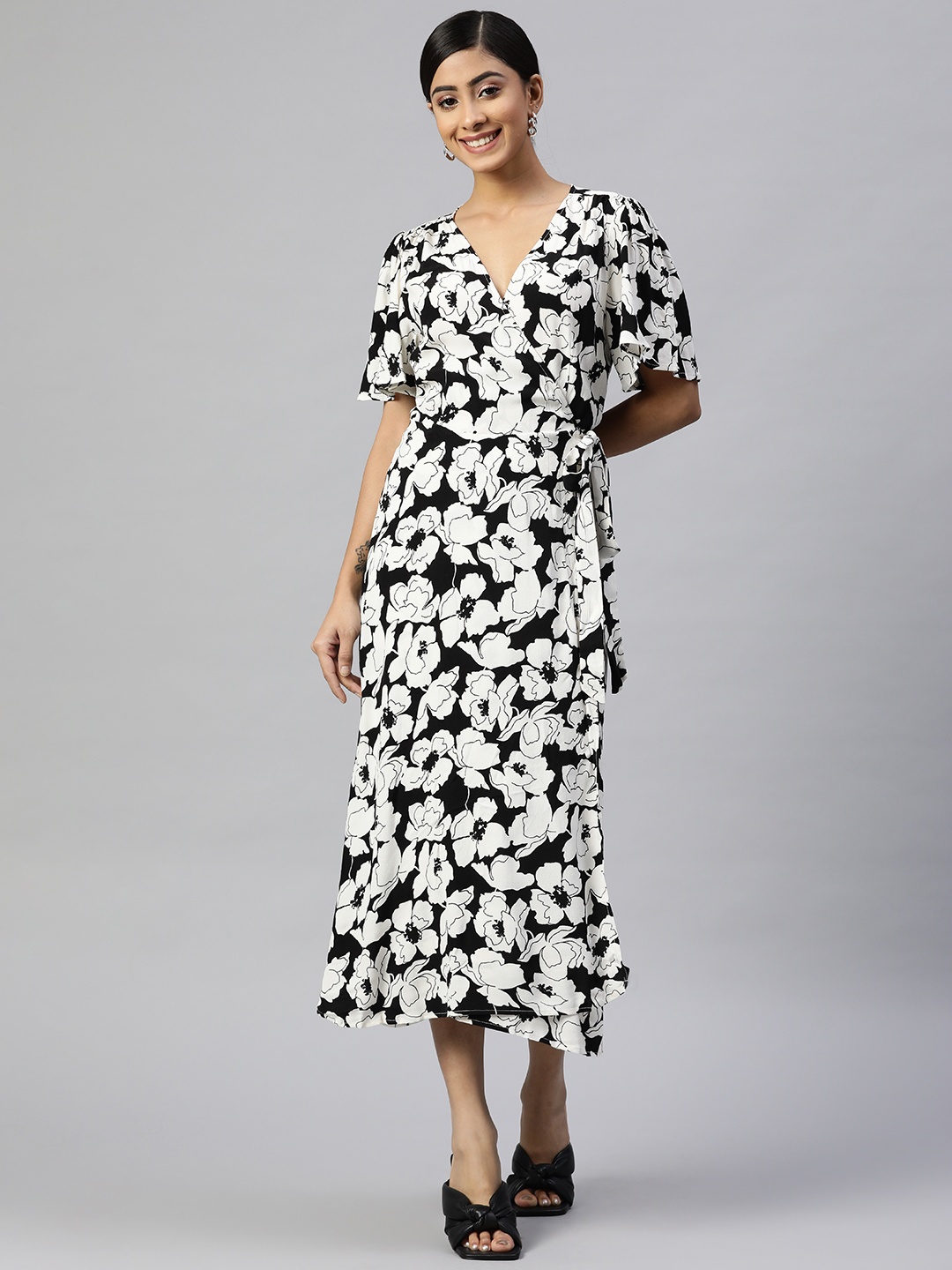

Marks & Spencer Black & White Floral Midi Wrap Dress