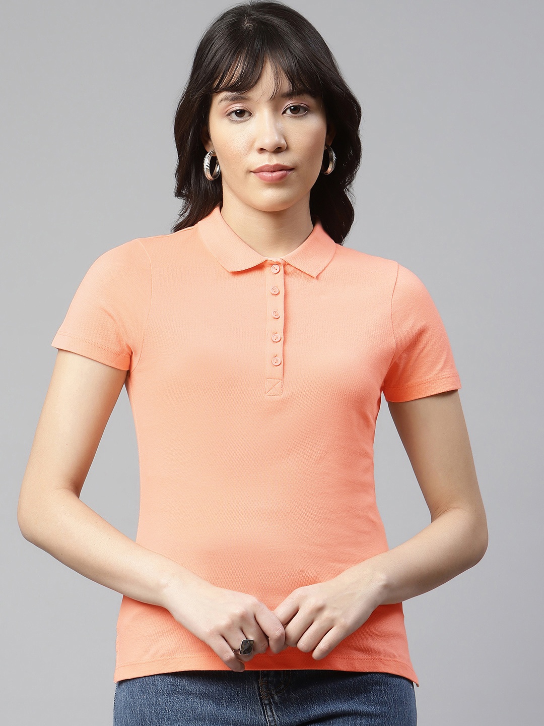 

Marks & Spencer Women Peach-Coloured Polo Collar Pure Cotton T-shirt