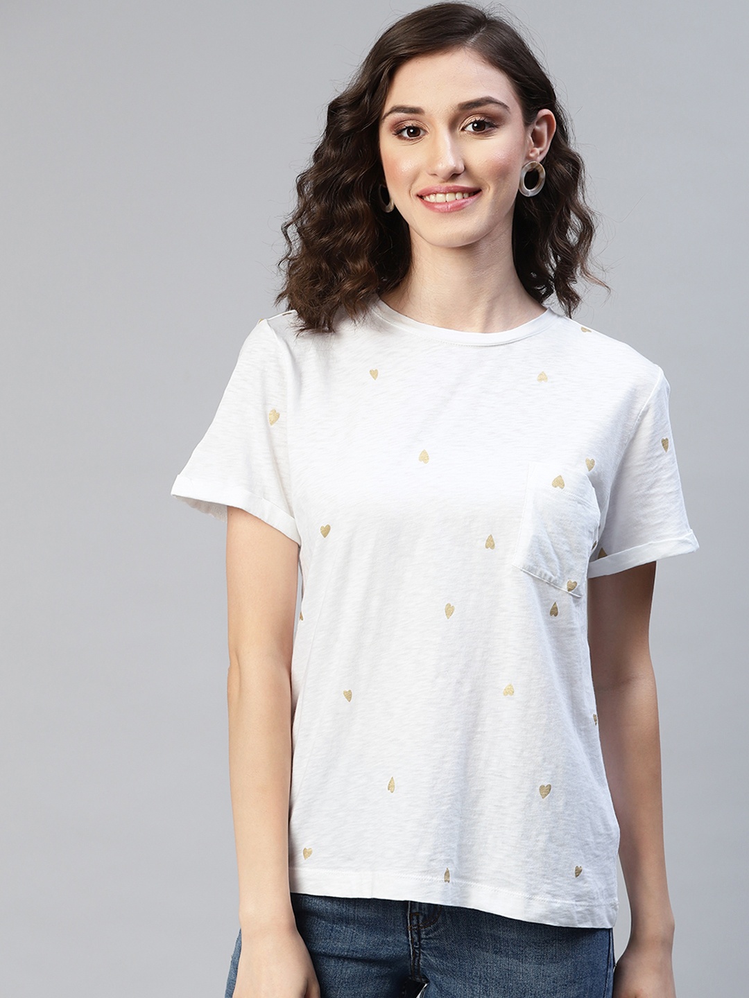 

Marks & Spencer Women White & Golden Heart Print Pure Cotton T-shirt