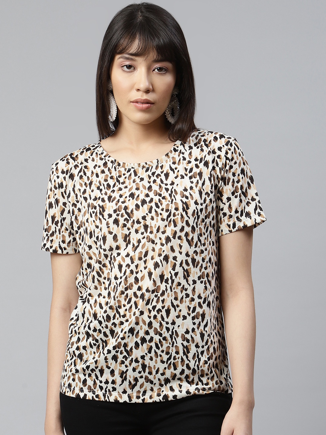 

Marks & Spencer Women Off-White & Brown Animal Printed T-shirt