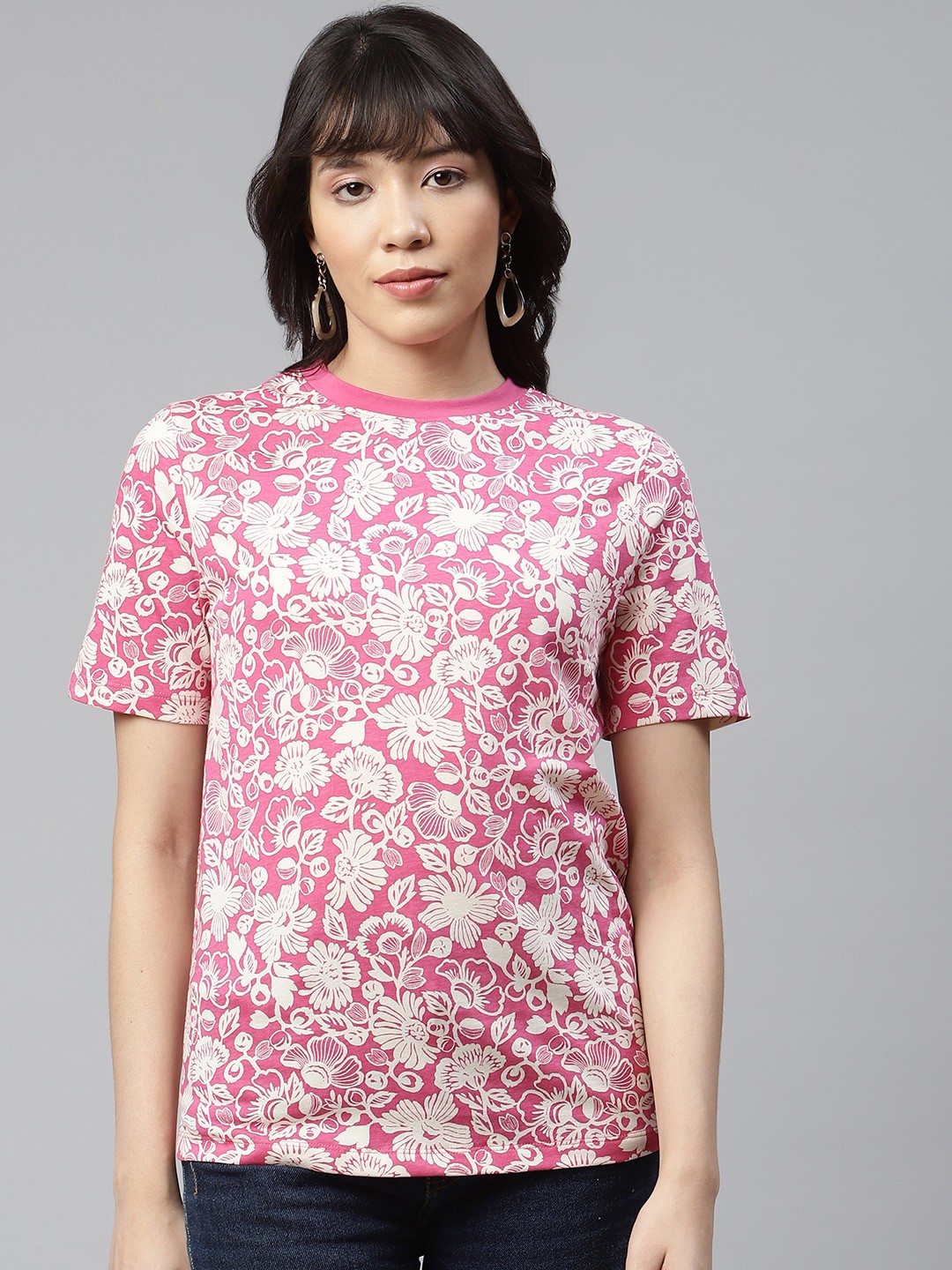 

Marks & Spencer Women Pink & White Floral Printed Pure Cotton T-shirt