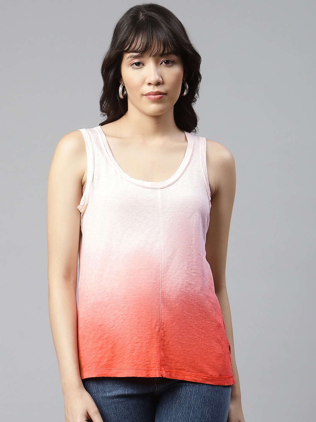 

Marks & Spencer Women Peach-Coloured & White Ombre Pure Cotton T-shirt