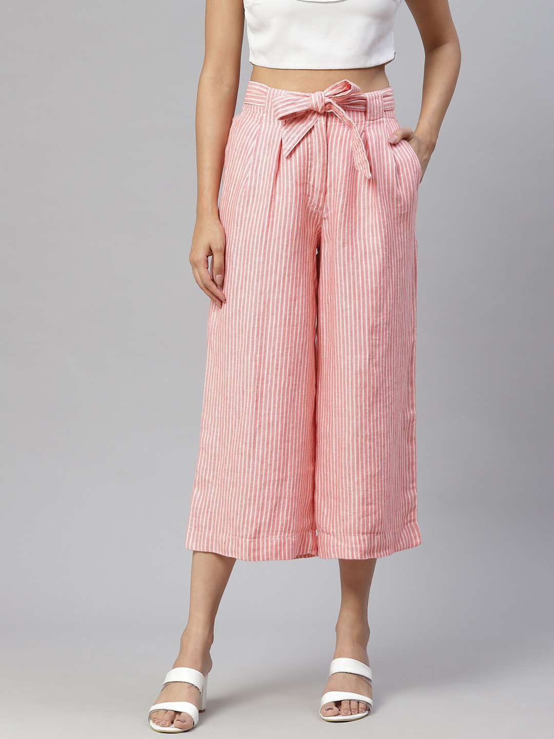 

Marks & Spencer Women Coral Red Striped Linen High-Rise Pleated Culottes