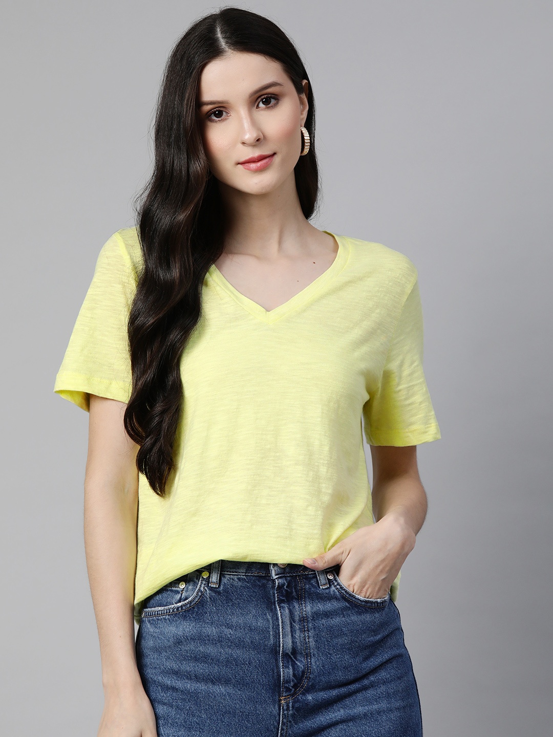 

Marks & Spencer Women Yellow Slub Effect V-Neck Pure Cotton T-shirt