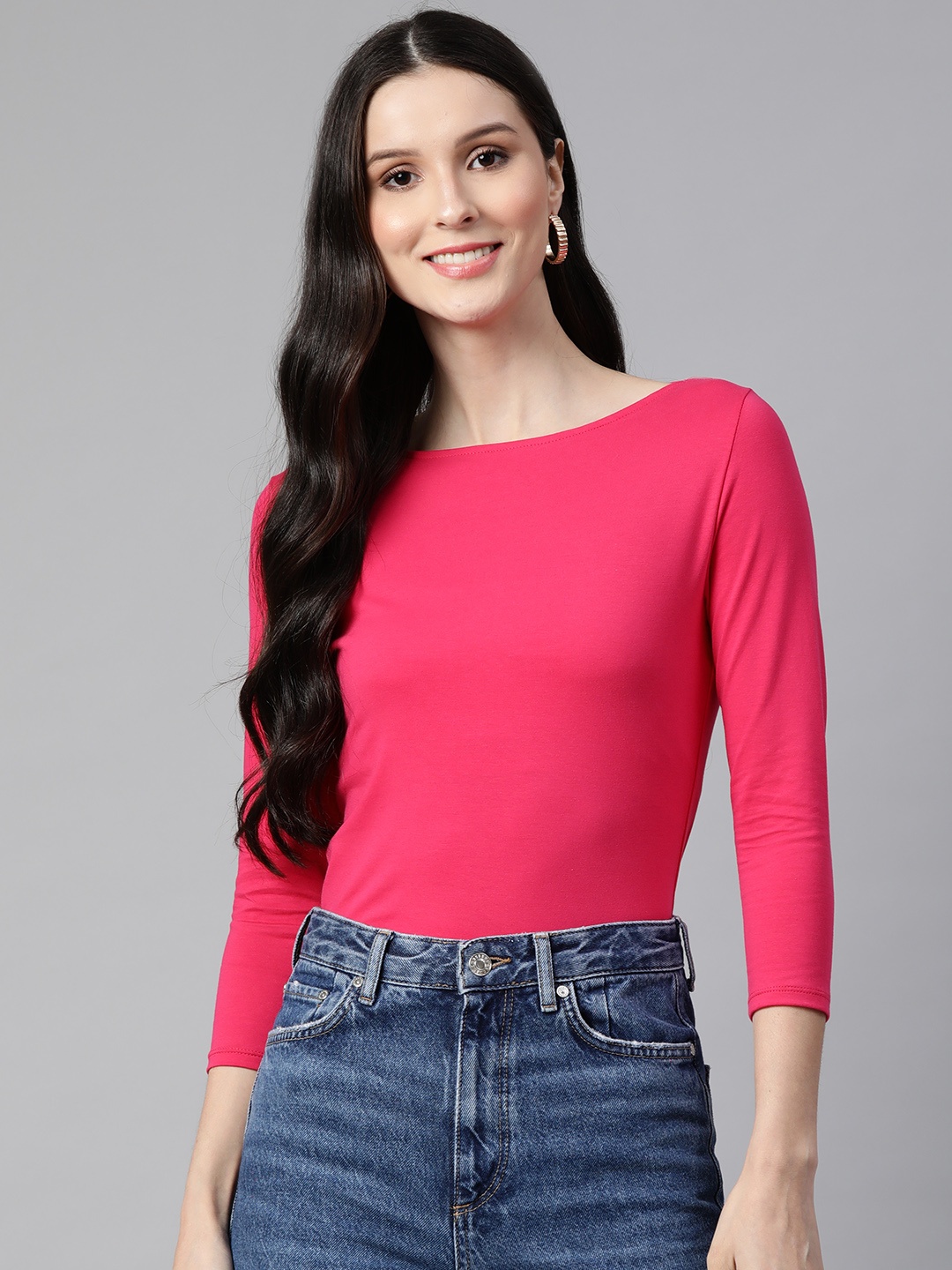 

Marks & Spencer Women Pink Boat Neck Fitted T-shirt