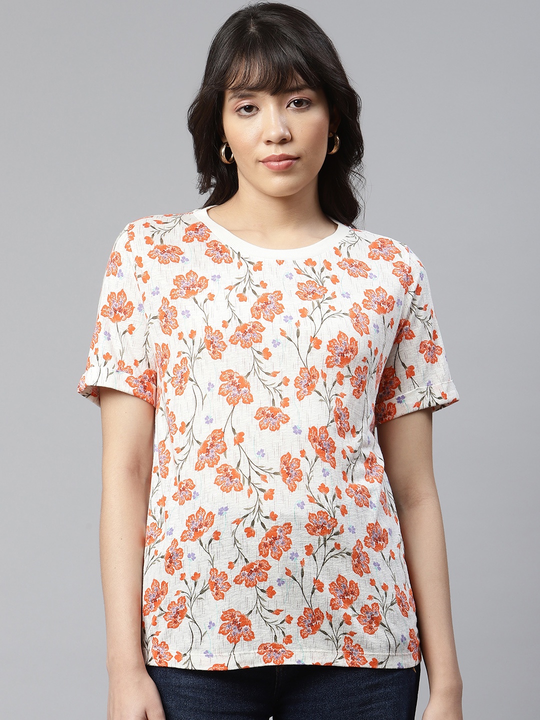 

Marks & Spencer Women White & Orange Floral Printed T-shirt