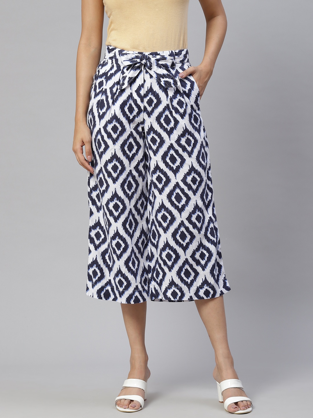 

Marks & Spencer Women White & Navy Blue Printed High-Rise Pleated Culottes