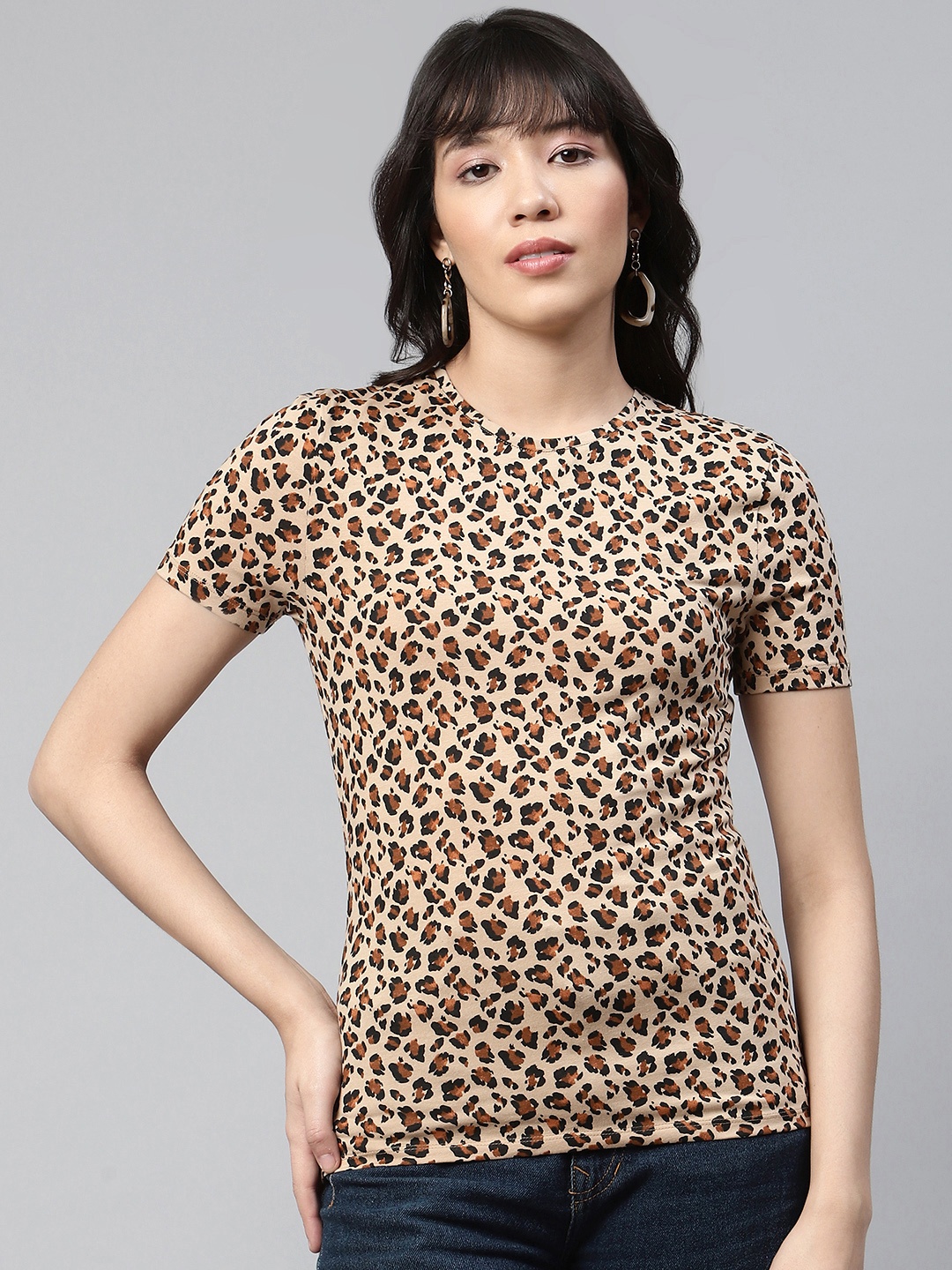 

Marks & Spencer Women Beige & Black Leopard Print T-shirt