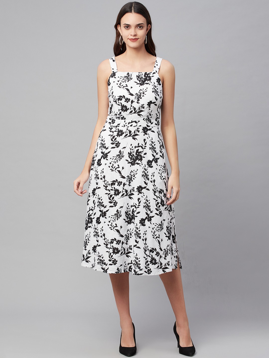 

Marks & Spencer Women White & Black Floral Printed A-Line Midi Dress