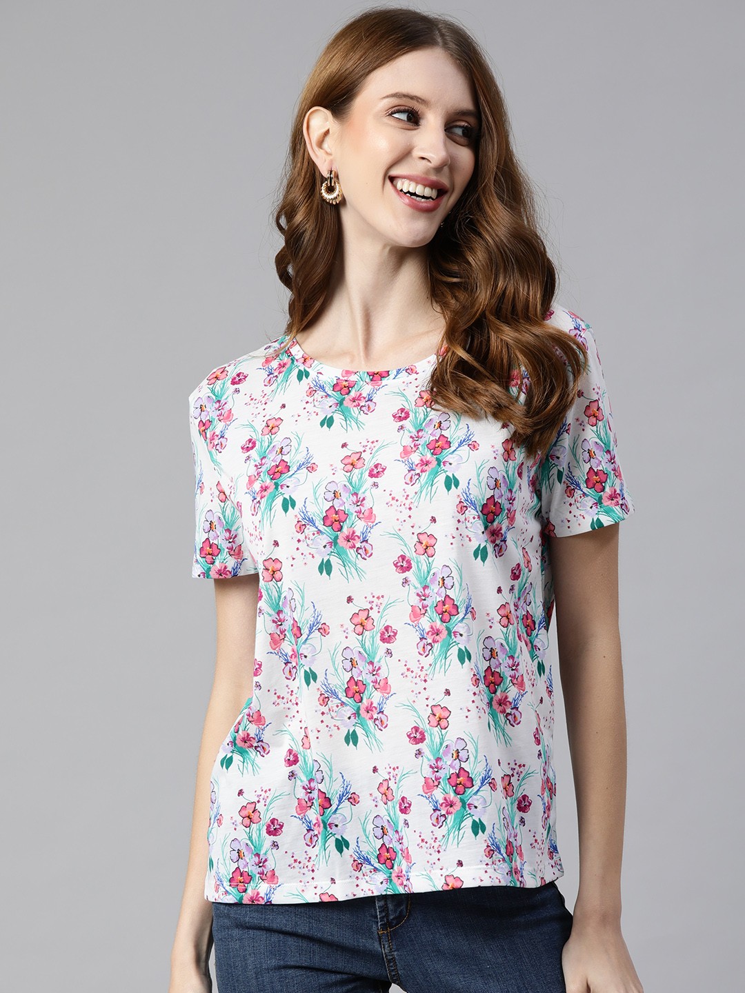 

Marks & Spencer Women White & Pink Floral Printed T-shirt